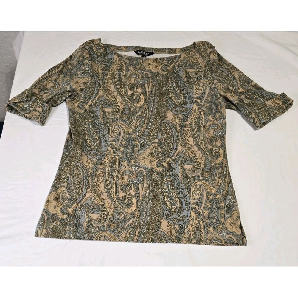 Lauren Ralph Lauren Women's Large Top Cream Paisley Stretch Boat Neck